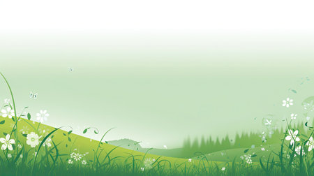 Spring background with green grass, flowers and butterflies.の素材
