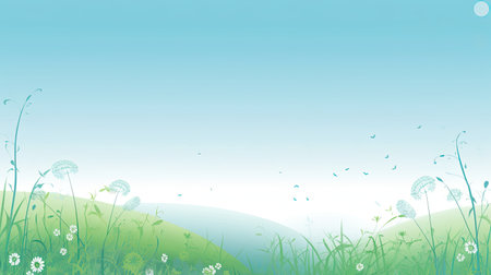 Summer landscape with grass, flowers and blue sky.の素材