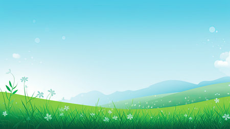 Green meadow with grass and flowers on blue sky background.の素材
