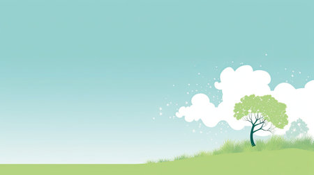 Summer landscape background with green grass, trees and clouds.の素材