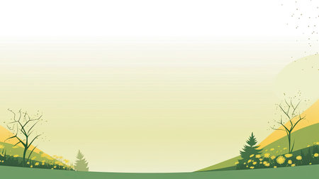 illustration of a green landscape with trees and grass in the foregroundの素材