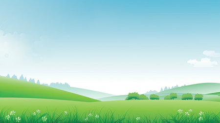illustration of summer landscape with green meadow and blue sky.の素材