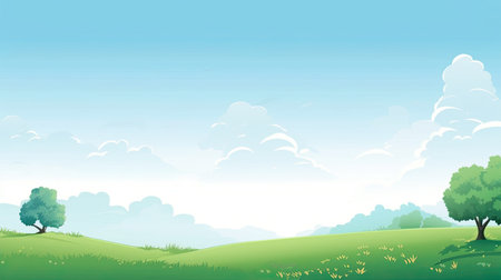 Summer landscape with green meadow, trees and clouds.の素材
