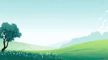 Green meadow with trees and blue sky background.の素材