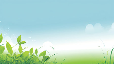 Spring background with green grass and blue sky.の素材