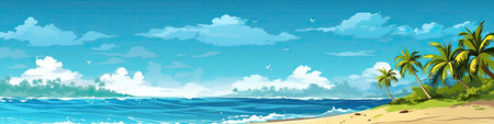 Beach with palm trees and blue sky.の素材