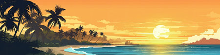Tropical beach at sunset with palm trees and sandの素材