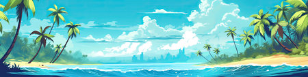 Seascape with palm trees. Seascape with seashore.の素材