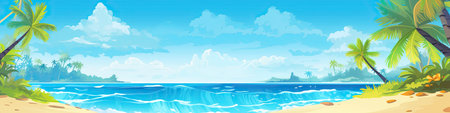Tropical beach with palm trees and blue sky.の素材