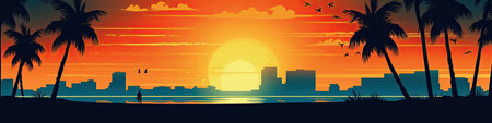 Sunset on the beach with palm trees and buildings.の素材