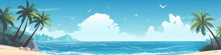 Seascape with palm trees, seagulls, sea and sky.の素材