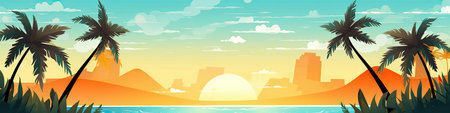 Sunset on the beach with palm trees.の素材