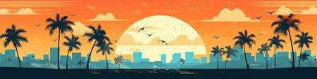 Tropical beach with palm trees, seagulls and sunset.の素材