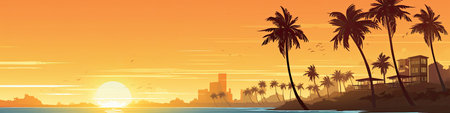Panoramic sunset with palm trees on the beach.の素材