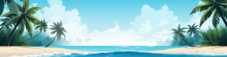 Tropical beach with palm trees and blue sky background illustrationの素材