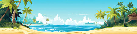 Beach with palm trees and lifeguard tower on the sand illustrationの素材
