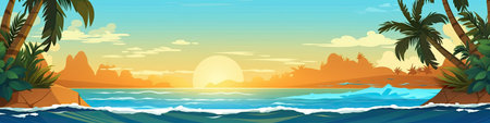 Tropical beach with palm trees, sea and sunset.の素材