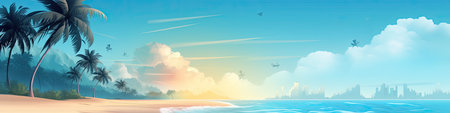 Palm trees on the beach at sunset.の素材