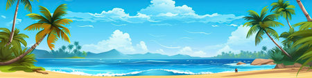 Tropical beach with palm trees, sea and blue sky. Seascape with palm trees, sand and waves.の素材