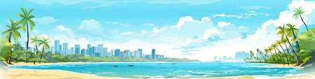 Tropical beach with palm trees and skyscrapersの素材