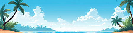 Beach with palm trees and blue sky.の素材