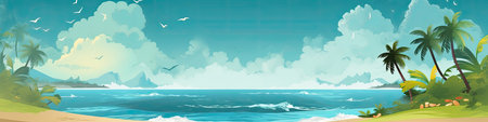 Tropical beach with palms and seagullsの素材