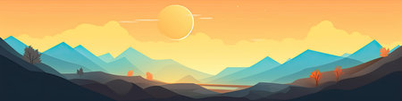 Mountain landscape at sunset illustration. Cartoon mountains with sun and fog.の素材