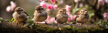 Three sparrows sitting on a branch in front of pink blossomの素材