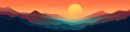 Landscape with mountains and sun at sunset.の素材