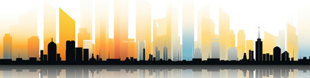 Modern cityscape with skyscrapers and reflection in water.の素材