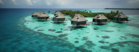 tropical beach with water bungalows atoll in Maldivesの素材