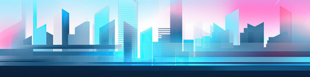 Modern city skyline with skyscrapers and neon lights.の素材