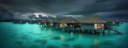 Bungalows on the water at Maldives, panoramaの素材