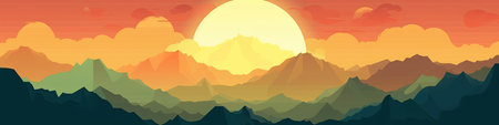 Mountain landscape with sunset and sun.の素材