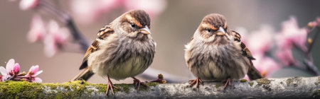Two sparrows sitting on a branch of a blossoming treeの素材