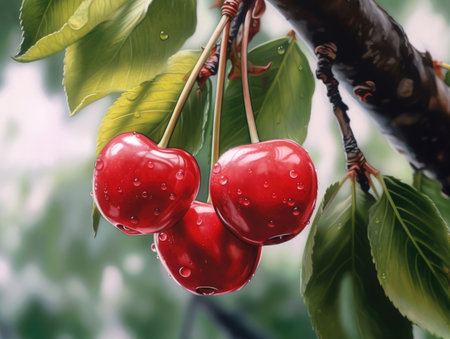 Cherries on a branch in the garden. Selective focus.の素材