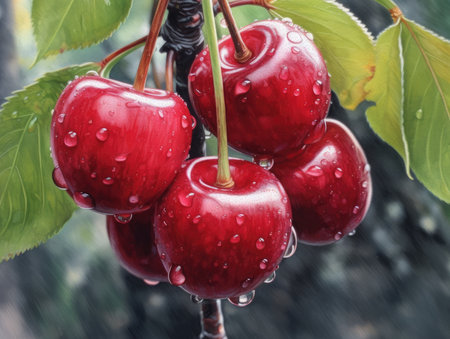 Cherries in the rain on a branch with water drops.の素材