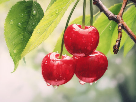 Cherries on a branch with water drops, vintage retro styleの素材