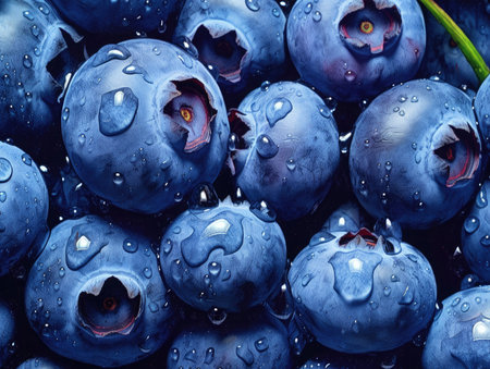 Blueberries with water drops. Blueberry background. Close up.の素材