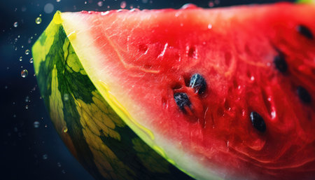Close up of fresh watermelon slice with water drops on black backgroundの素材