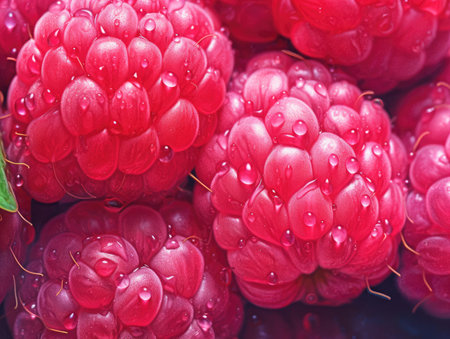 Red raspberries with water drops close-up macro photography.の素材
