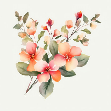 Watercolor painting of leaves and flowers, isolated on white background.の素材