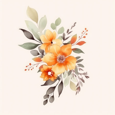 Watercolor bouquet with orange flowers and green leaves on white backgroundの素材