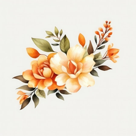 Watercolor bouquet of yellow and orange roses on a white backgroundの素材