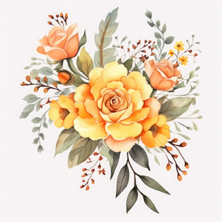 Watercolor floral bouquet with yellow roses and green leaves on white backgroundの素材