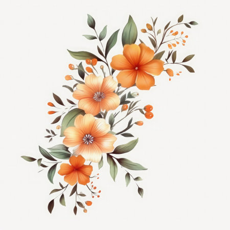 Beautiful watercolor floral bouquet with orange flowers and green leavesの素材