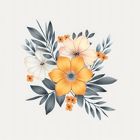 Watercolor floral bouquet with white and orange flowers and eucalyptus leaves.の素材