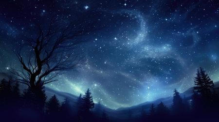 Night sky with stars and silhouettes of trees.の素材