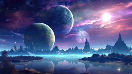 Fantasy landscape with planet, moon and stars. 3d illustrationの素材