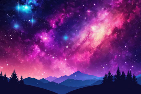 Mountain landscape with starry sky and nebula, vector illustrationの素材